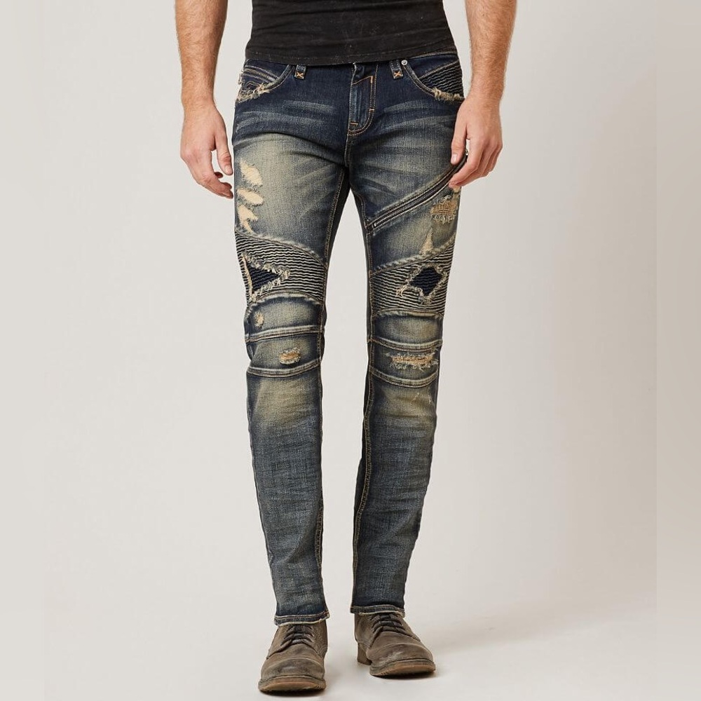 Rock Revival Moto Jezek Blue Jeans Biker Mens size 42 Distressed Skinny Straight